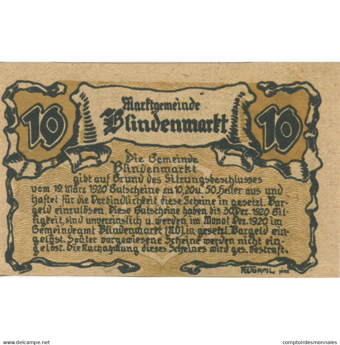 Billet, Autriche, Blindenmarkt, 10 Heller, Blason 1920-12-30, SPL Mehl:FS 93IIa - Austria