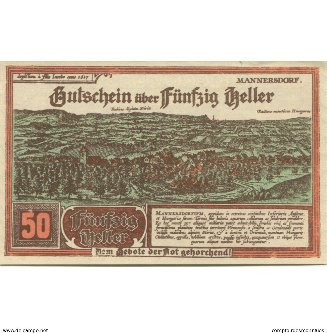 Billet, Autriche, Mannersdorf, 50 Heller, Paysage 1920-12-31, SPL Mehl:FS 577a - Oesterreich