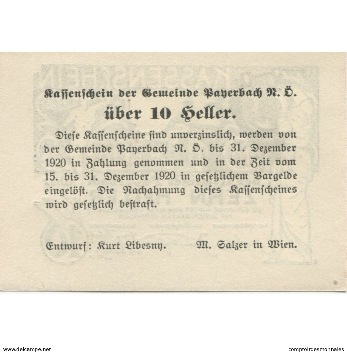 Billet, Autriche, Payerbach, 10 Heller, Statue 1920-12-31, SPL Mehl:FS 725 - Oesterreich