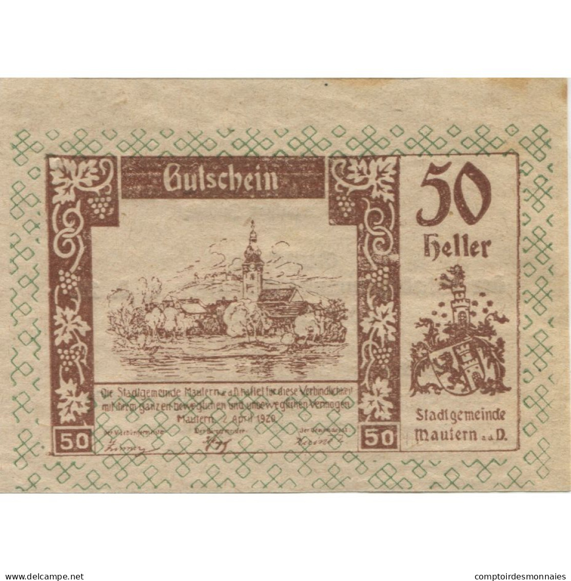 Billet, Autriche, Mautern, 50 Heller, Village 1920-12-31, SUP Mehl:FS 600IIa2 - Austria