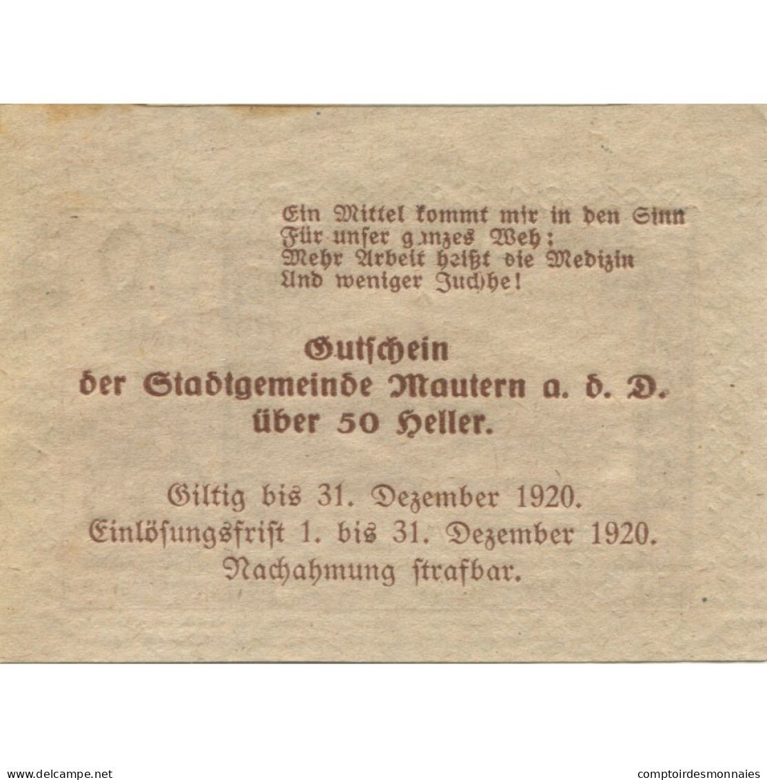 Billet, Autriche, Mautern, 50 Heller, Village 1920-12-31, SUP Mehl:FS 600IIa2 - Oesterreich