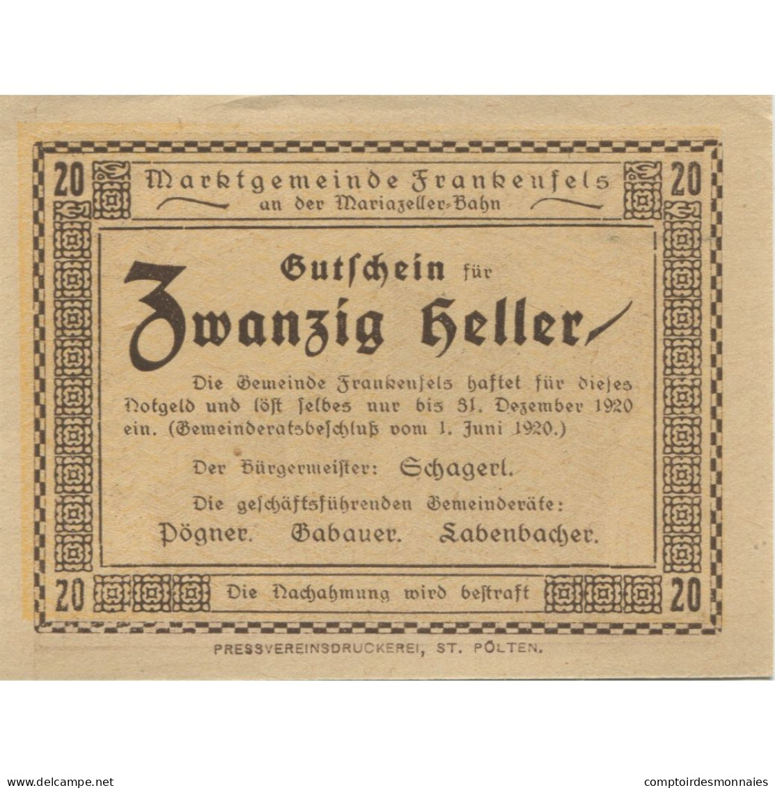 Billet, Autriche, Frankenfels, 20 Heller, Ruine 1920-12-31, SPL Mehl:FS 208a - Oesterreich