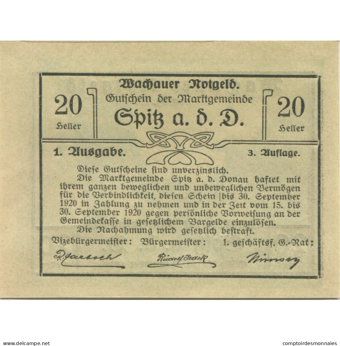 Billet, Autriche, Spitz, 20 Heller, Rue, 1920, 1920-09-30, SPL, Mehl:FS 1255a - Austria