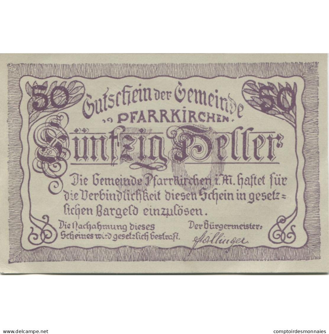 Billet, Autriche, Pfarrkirchen, 50 Heller, Village 1920-05-13, SPL Mehl:FS 744Ic - Austria