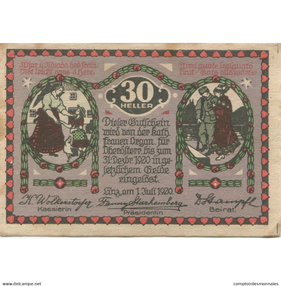 Billet, Autriche, Linz, 30 Heller, Personnage 1920-12-31, SUP, Mehl:FS 535 - Austria