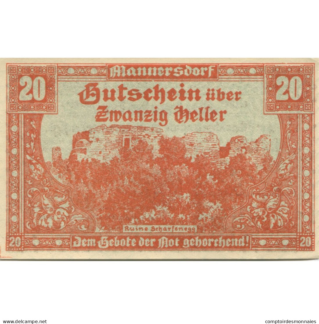 Billet, Autriche, Mannersdorf, 20 Heller, Ruine 1920-12-31, SPL, Mehl:FS 577a - Austria