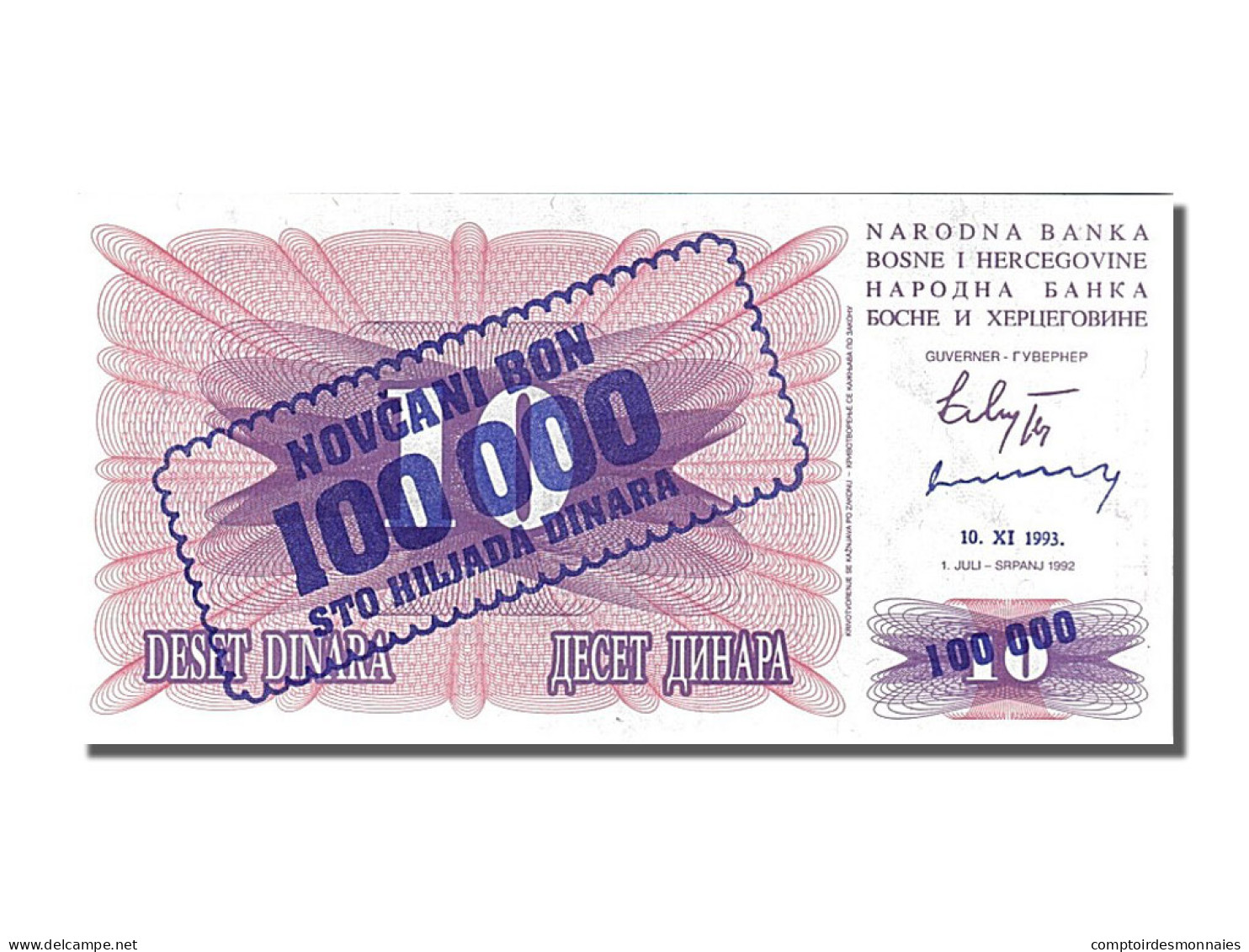 Billet, Bosnia - Herzegovina, 100,000 Dinara, 1992, 1992-07-01, NEUF - Bosnië En Herzegovina