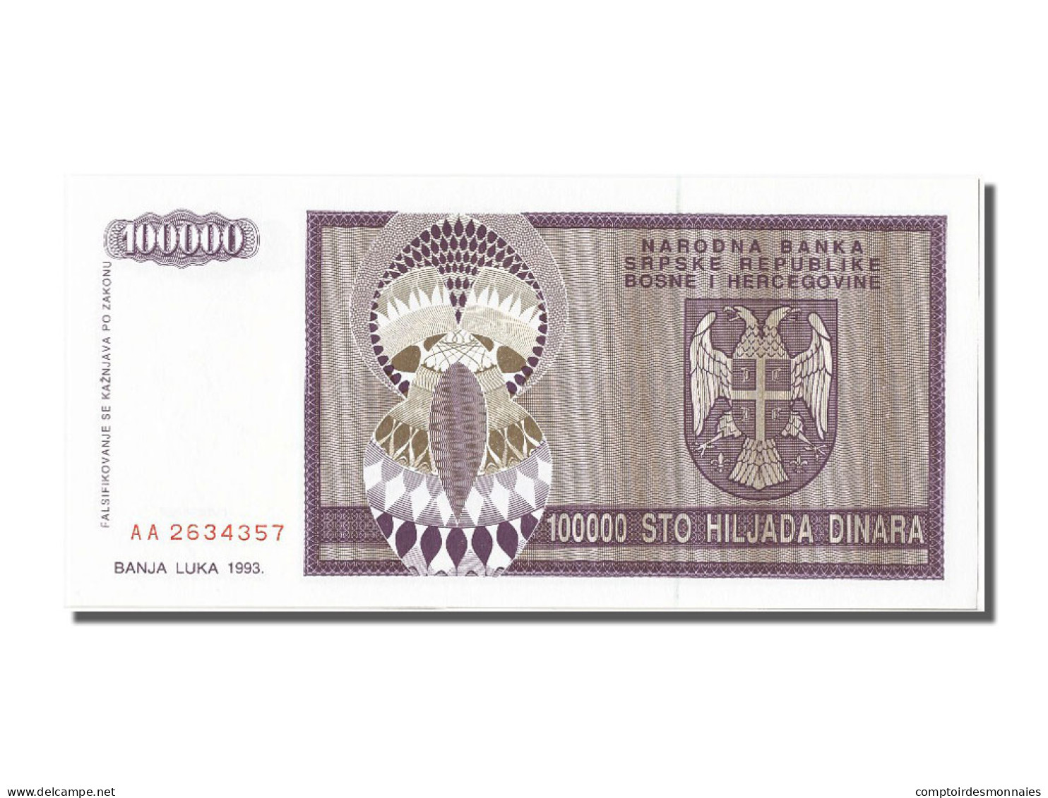 Billet, Bosnia - Herzegovina, 100,000 Dinara, 1993, NEUF - Bosnie-Herzegovine