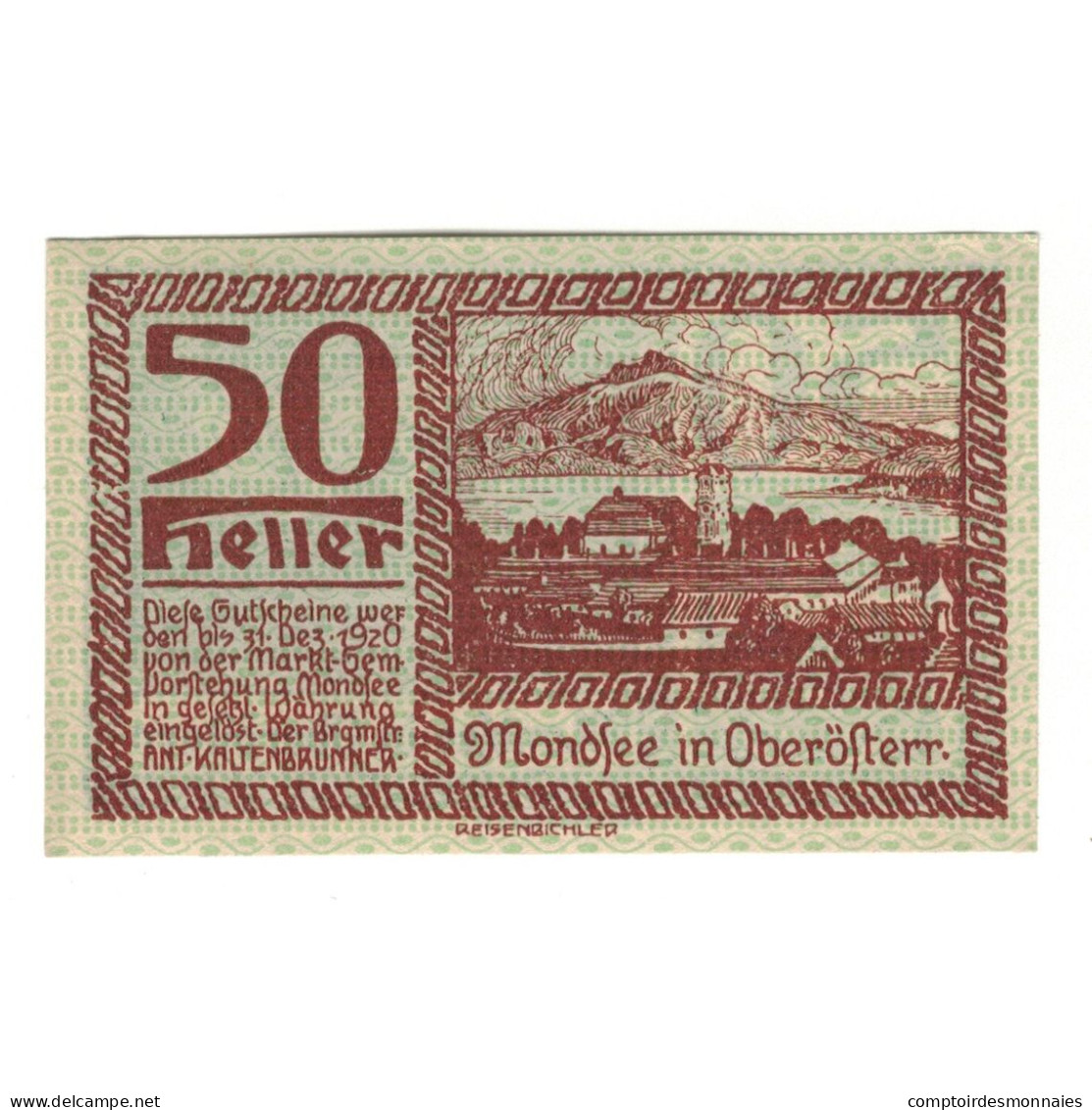 Billet, Autriche, Mondsee O.Ö. Marktgemeinde, 50 Heller, Personnage 1, 1920 - Austria