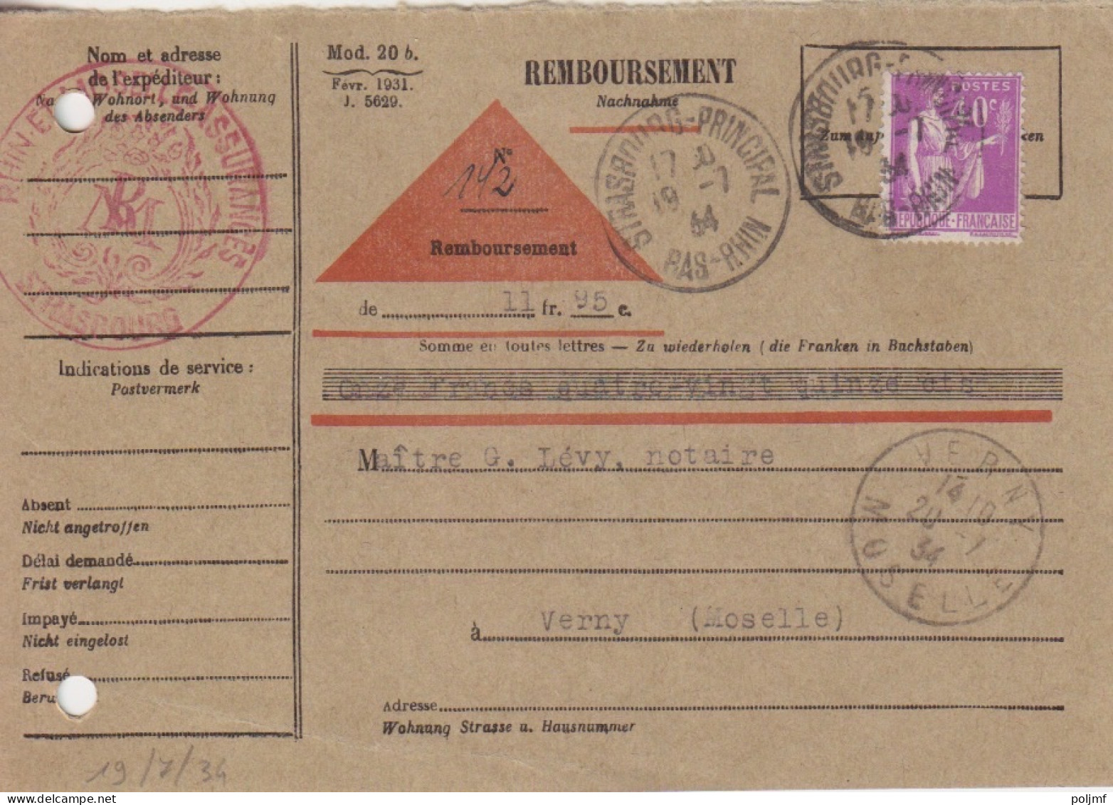 CP Remboursement Mod.20b De 1931 Obl. Strasbourg Le 19/7/34 Sur 40c Paix N° 281 (tarif Du 16/7/25) Pour Verny - 1932-39 Peace