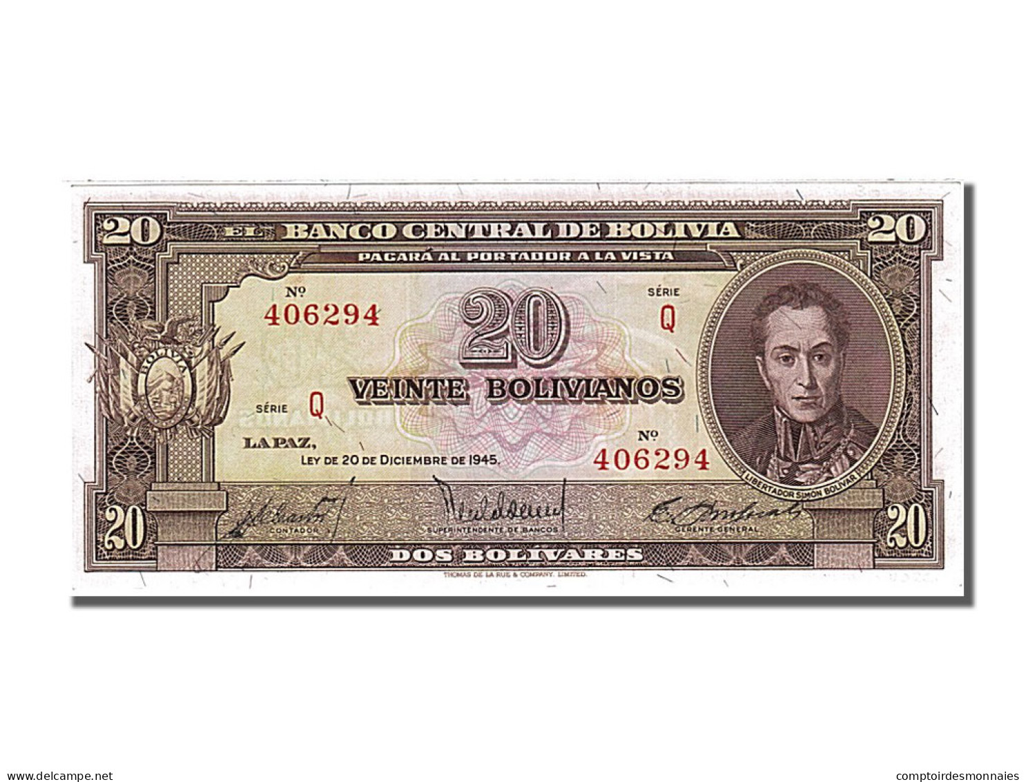 Billet, Bolivie, 20 Bolivianos, 1945, 1945-12-20, NEUF - Bolivie