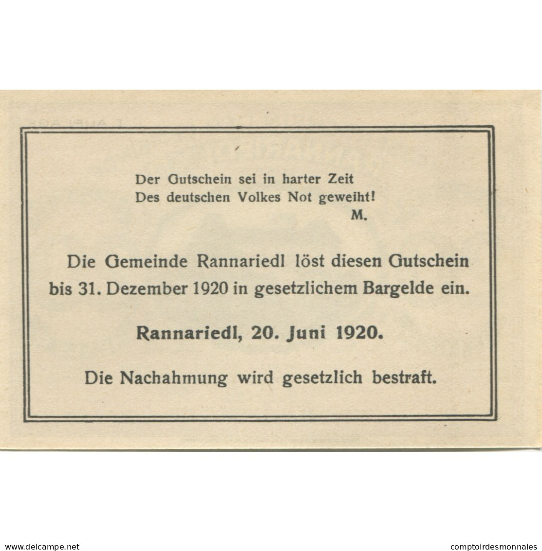 Billet, Autriche, Rannariedl, 20 Heller, Château 1, 1920, 1920-12-31, SPL - Austria