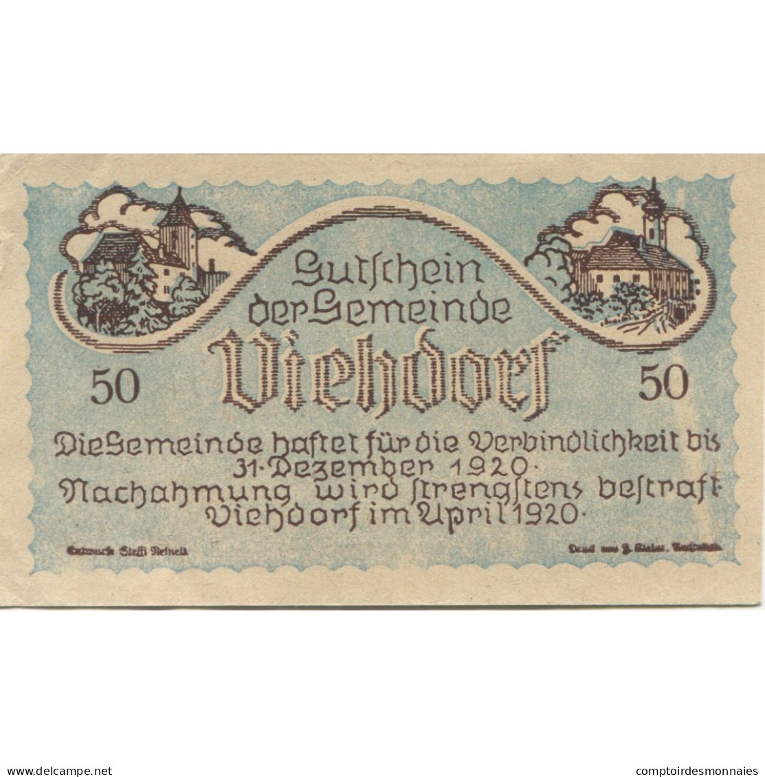 Billet, Autriche, Viehdorf, 50 Heller, Eglise 1920-12-31, SUP+, Mehl:FS 1111a - Austria