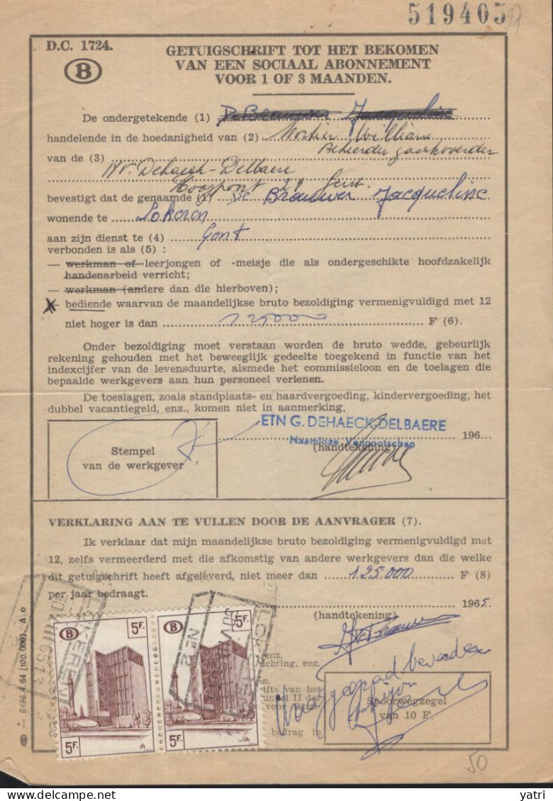 Belgio (1965) - Attest Voor Het Bekomen Van Een Sociaal Abonnement Voor 1 Of 3 Maanden - Sonstige & Ohne Zuordnung