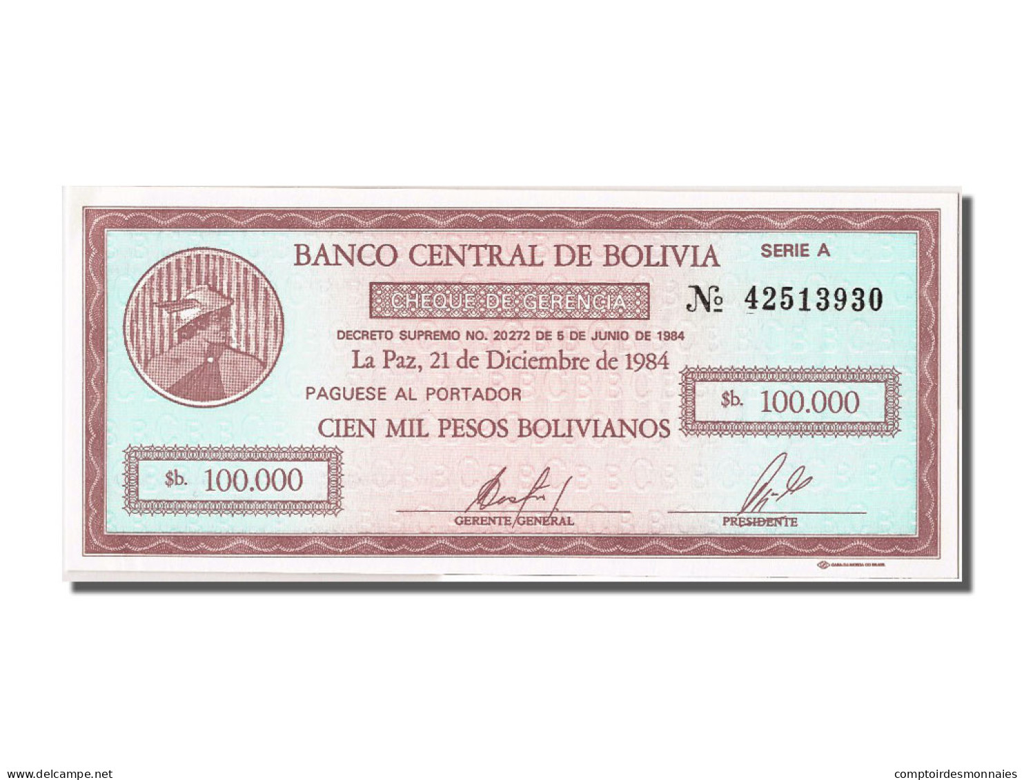 Billet, Bolivie, 100,000 Pesos Bolivianos, 1984, 1984-12-21, NEUF - Bolivie