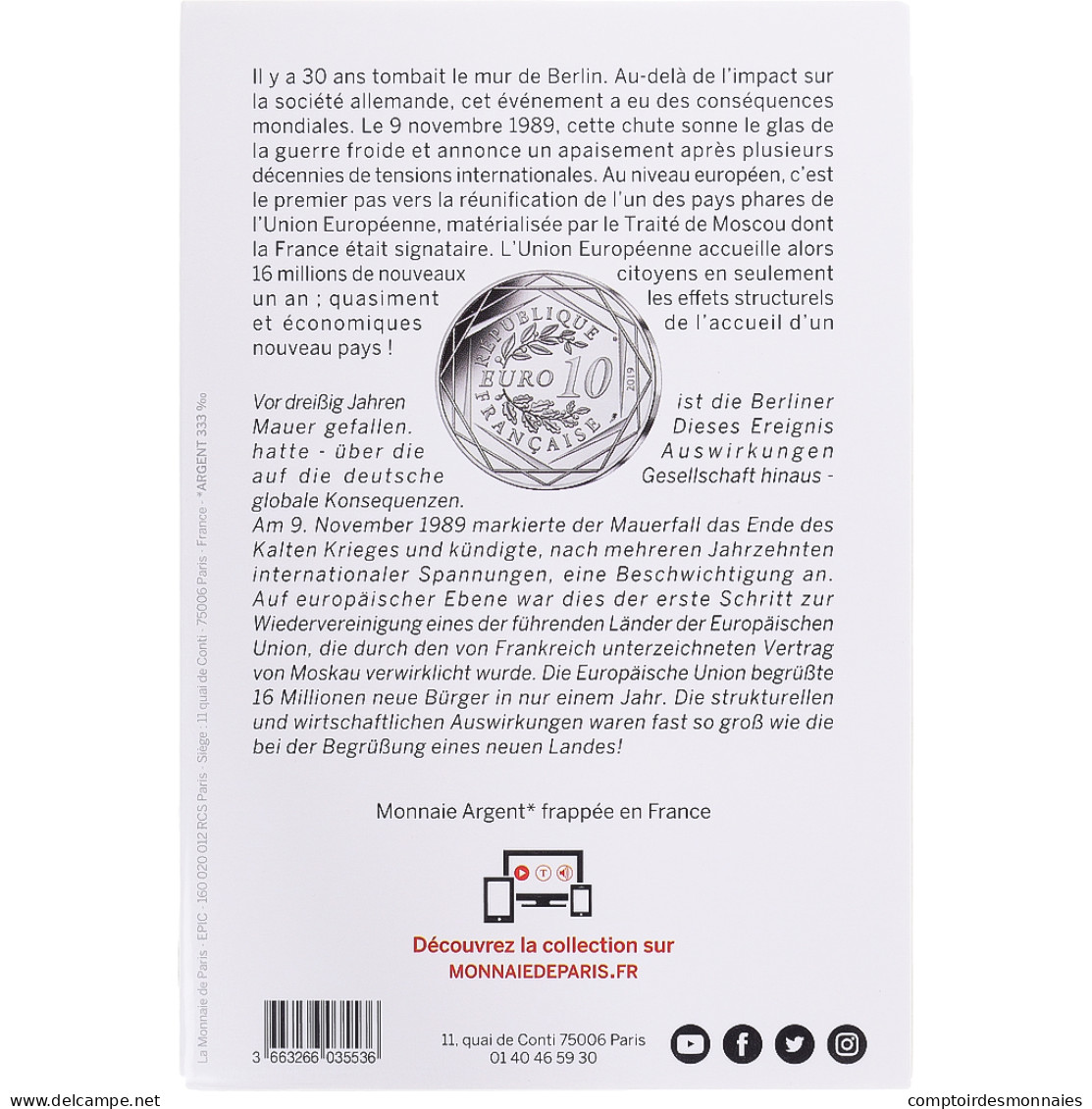 France, 10 Euro, 2019, Monnaie De Paris, Chute Du Mur De Berlin, FDC, Argent - Francia