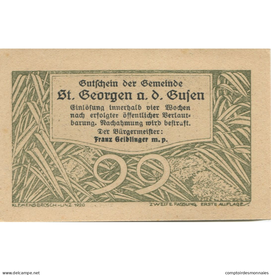 Billet, Autriche, St Georgen, 99 Heller, Herbe, 1920, SPL, Mehl:FS 886IIb - Austria