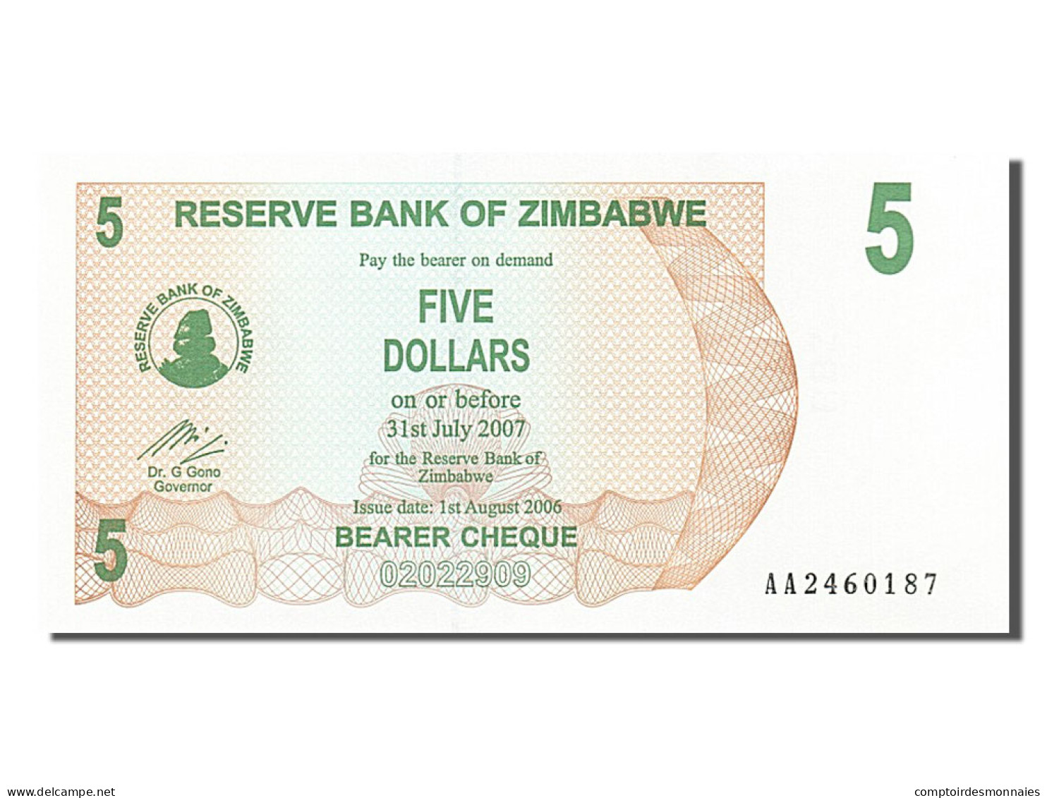 Billet, Zimbabwe, 5 Dollars, 2006, 2006-08-01, NEUF - Zimbabwe