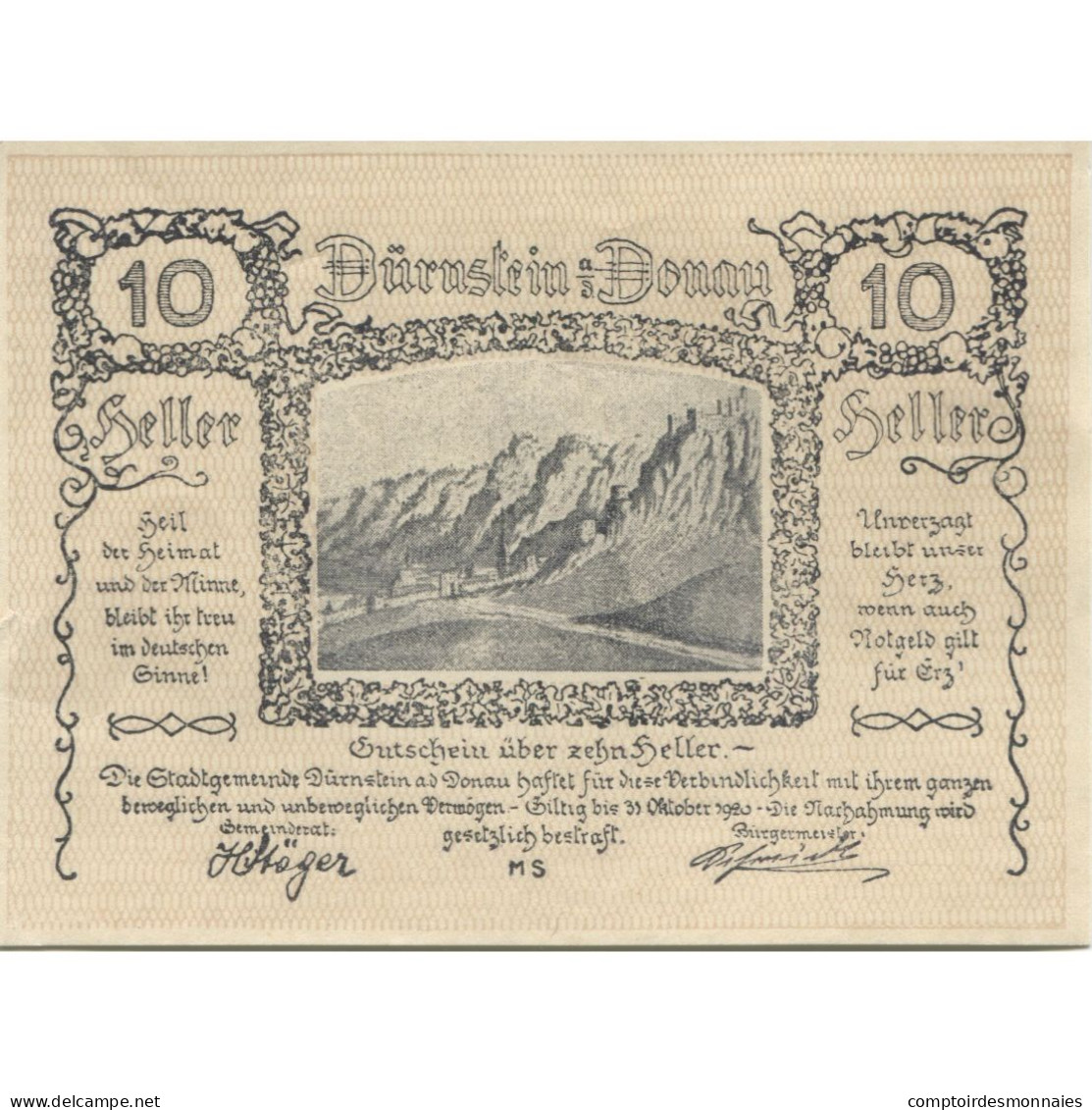 Billet, Autriche, Dürnstein, 10 Heller, Montagne 1920-10-31, SPL Mehl:FS 138 - Austria