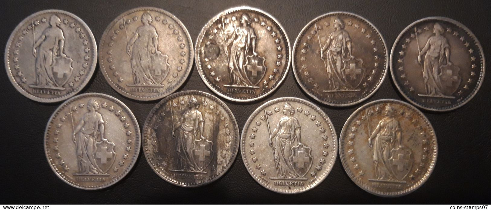 Suisse - Lot De 9 Pièces De 2 Francs Argent 1874 - 1875 - 1886 - 1920 - 1921 - 1928 - 1944 - 1946 - 1960 - 2 Francs