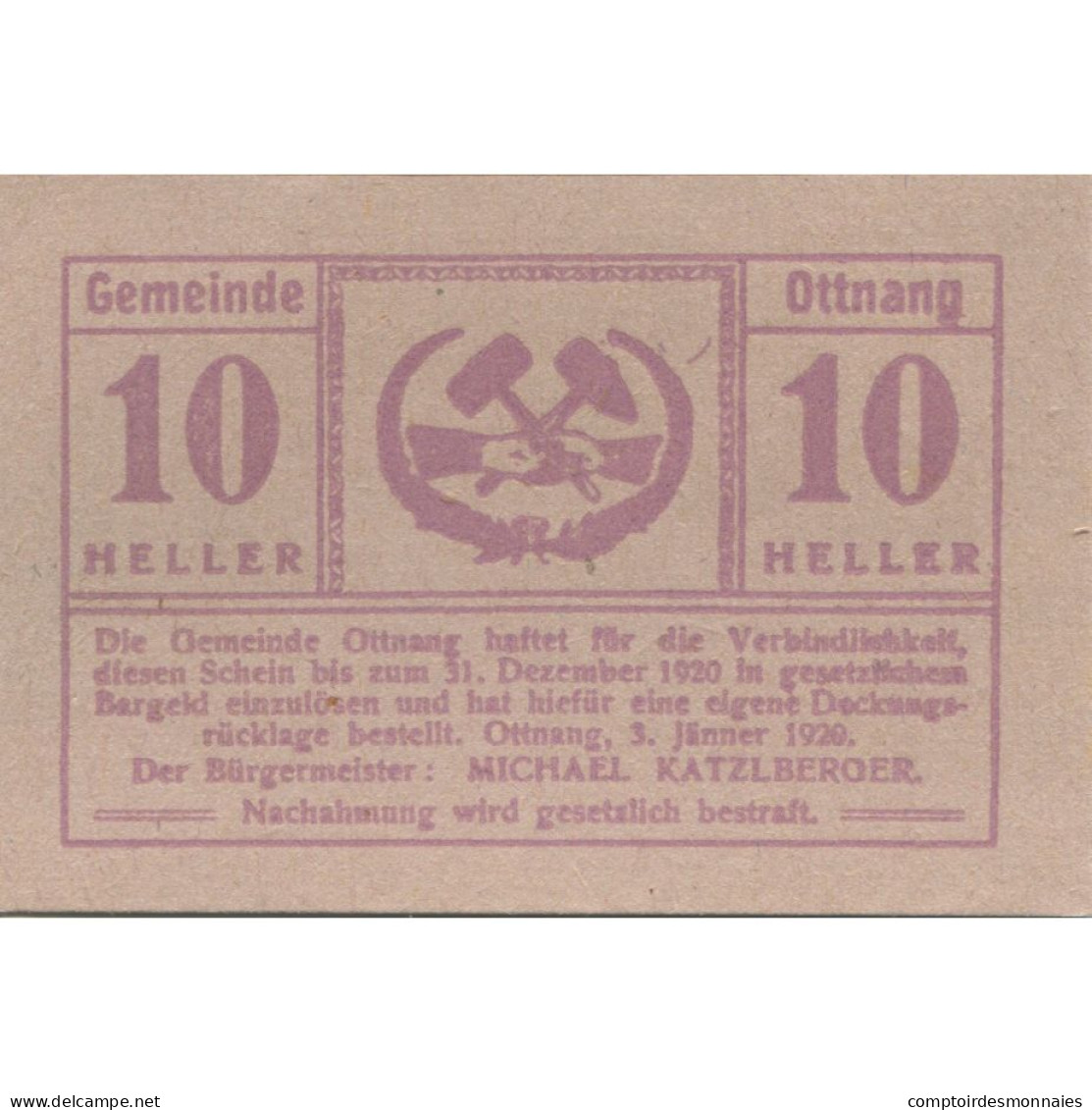 Billet, Autriche, Ottnang, 10 Heller, Texte, 1920, 1920-12-31, SPL, Mehl:FS 718a - Austria