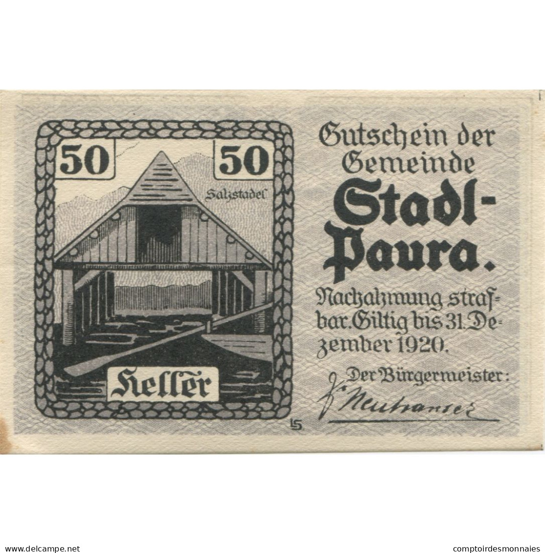 Billet, Autriche, Paura, 50 Heller, Lac, 1920, 1920-12-31, SPL, Mehl:FS 1008IIa - Austria