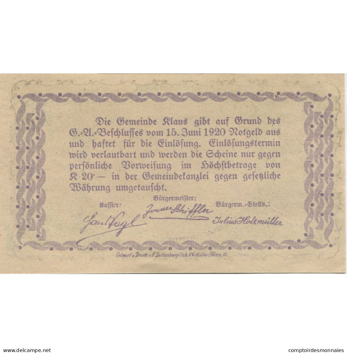 Billet, Autriche, Klaus, 30 Heller, Montagne, 1920, 1920-06-15, SPL, Mehl:FS 454 - Austria