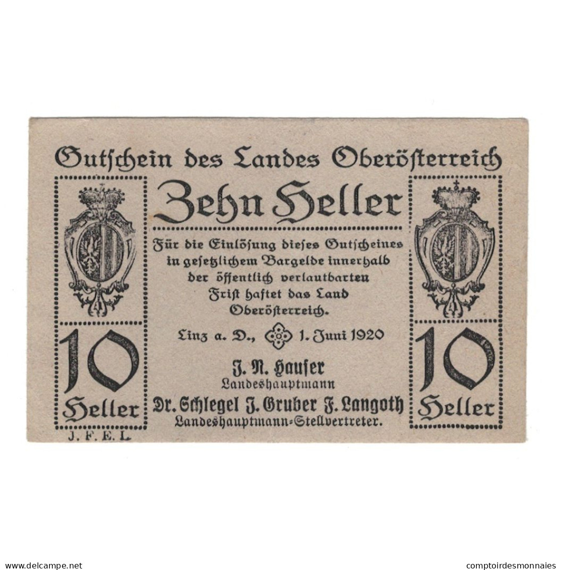 Billet, Autriche, Oberösterreich O.Ö. Land, 10 Heller, N.D, 1920, 1920-06-01 - Austria