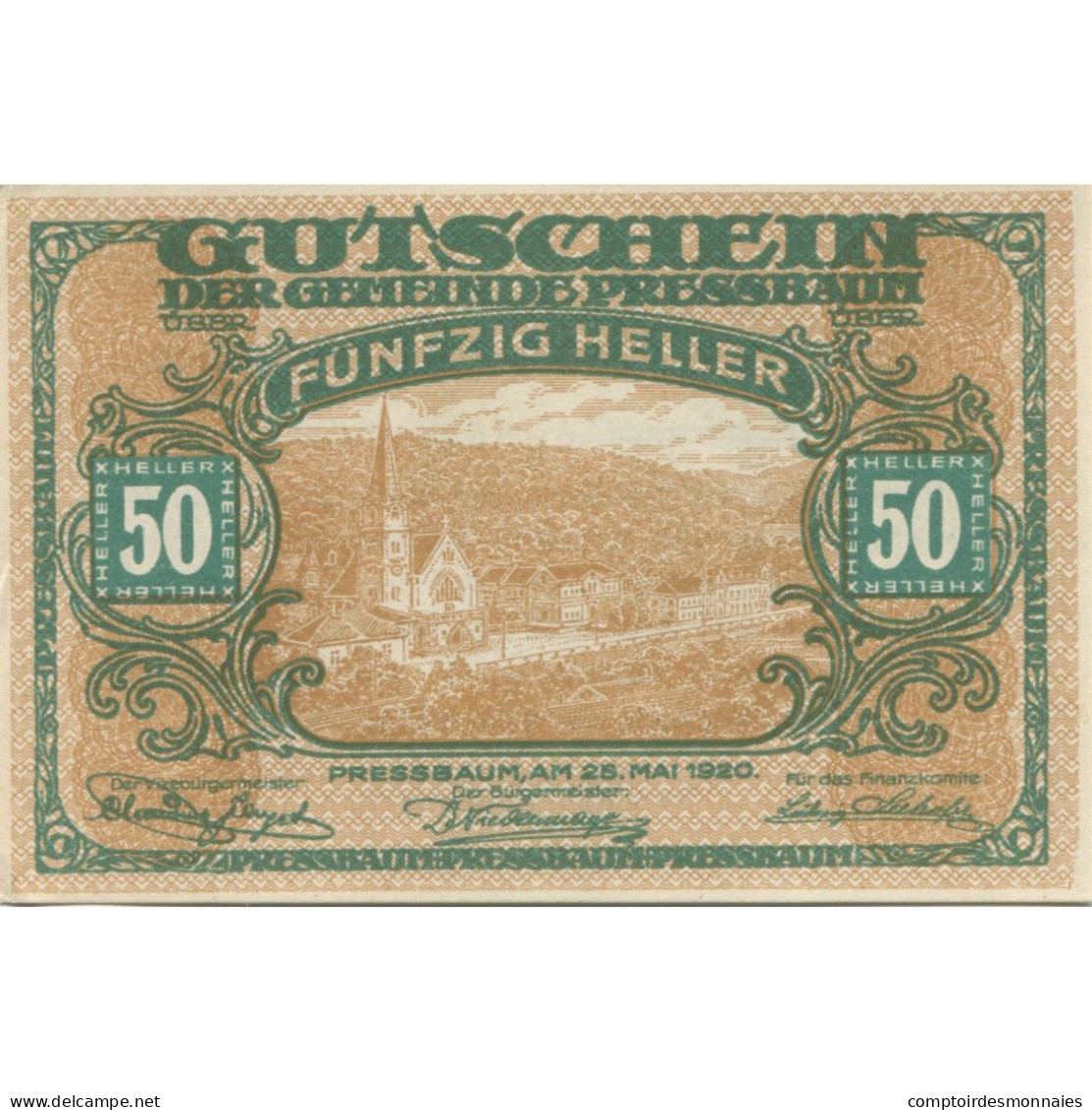 Billet, Autriche, Pressbaum, 50 Heller, Eglise 1921 SPL Mehl:FS 784a - Austria