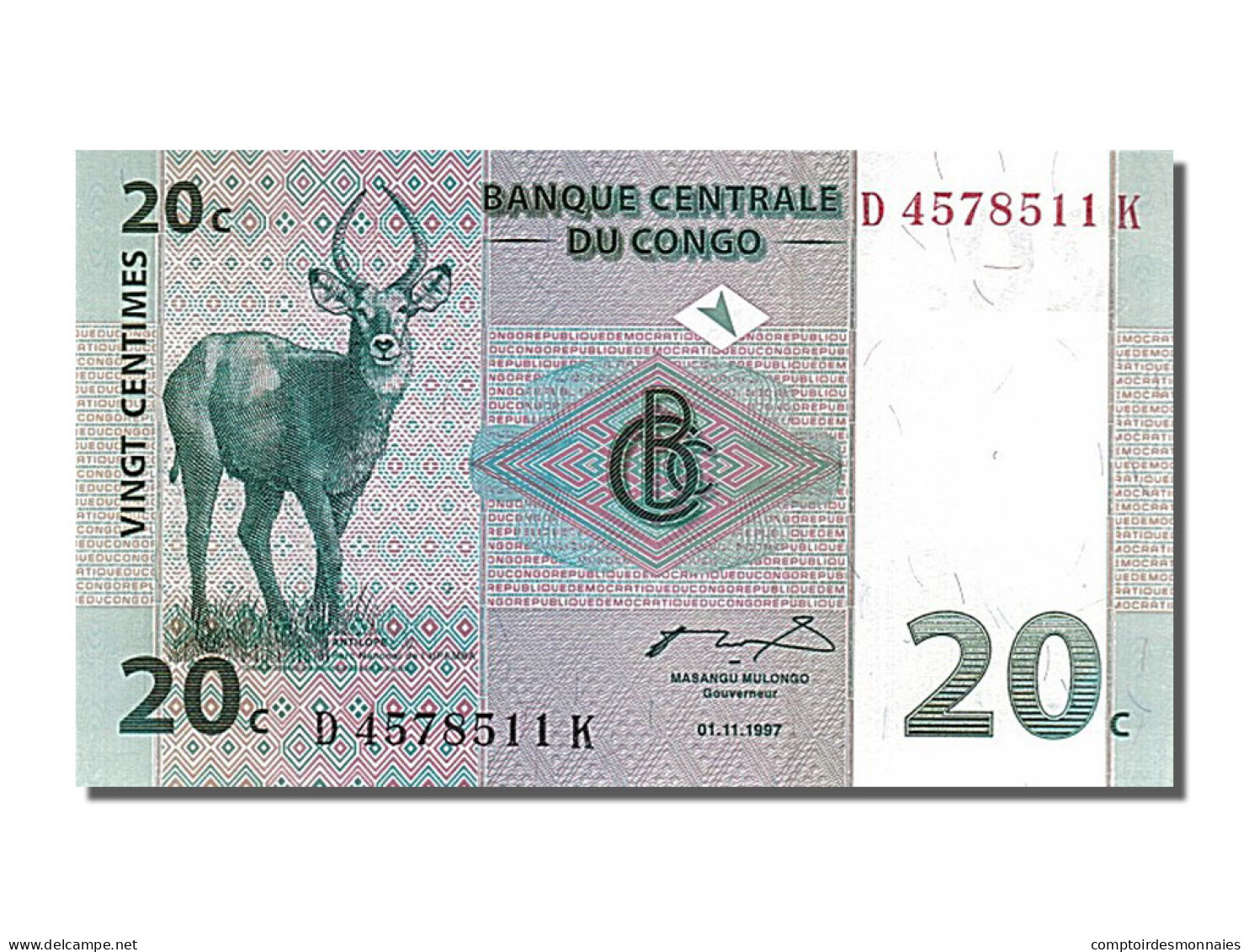 Billet, Congo Democratic Republic, 20 Centimes, 1997, 1997-11-01, NEUF - Demokratische Republik Kongo & Zaire