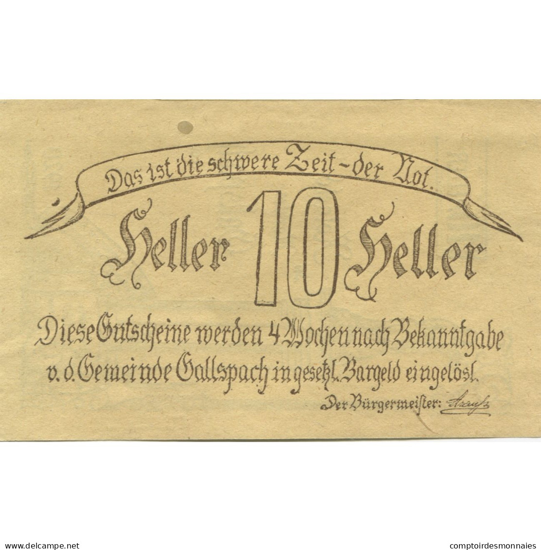 Billet, Autriche, Gallspach, 10 Heller, Monument, 1920, SPL, Mehl:FS 219b - Austria