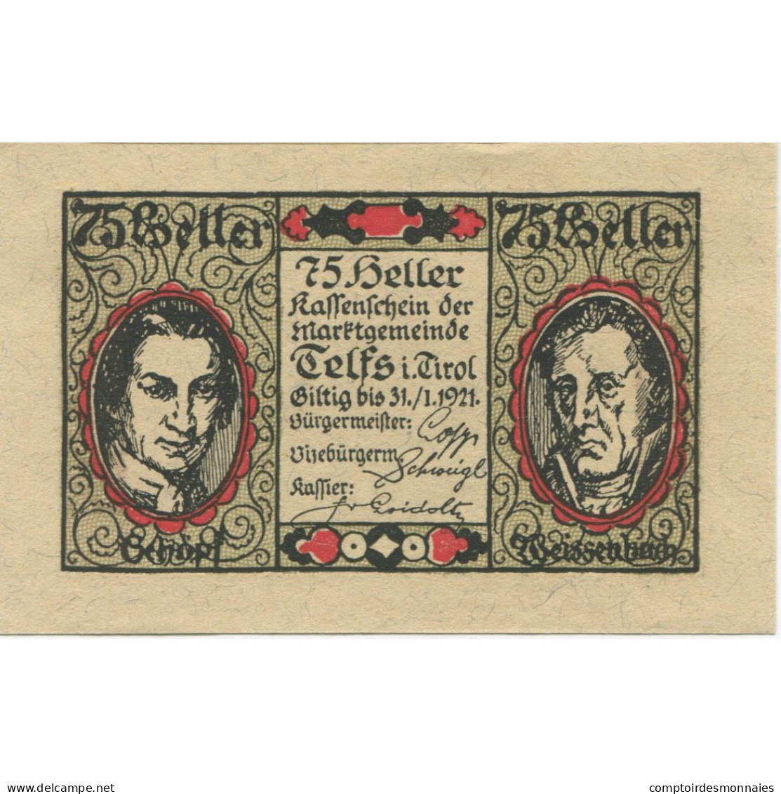 Billet, Autriche, Telfs, 75 Heller, Portrait 1921-01-31, SPL, Mehl:FS 1061a - Austria