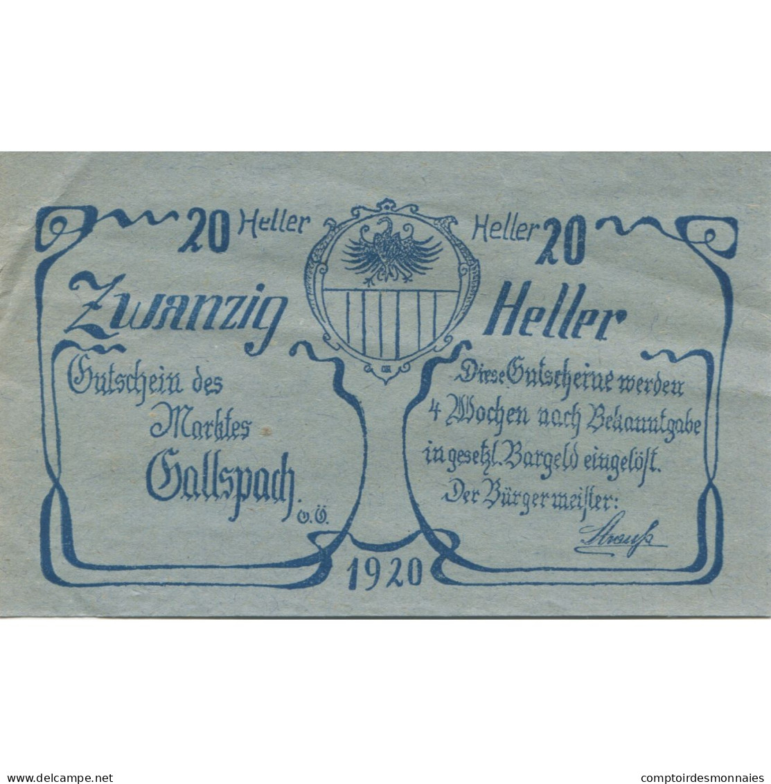 Billet, Autriche, Gallspach, 20 Heller, Blason, 1920, SPL, Mehl:FS 219a - Austria