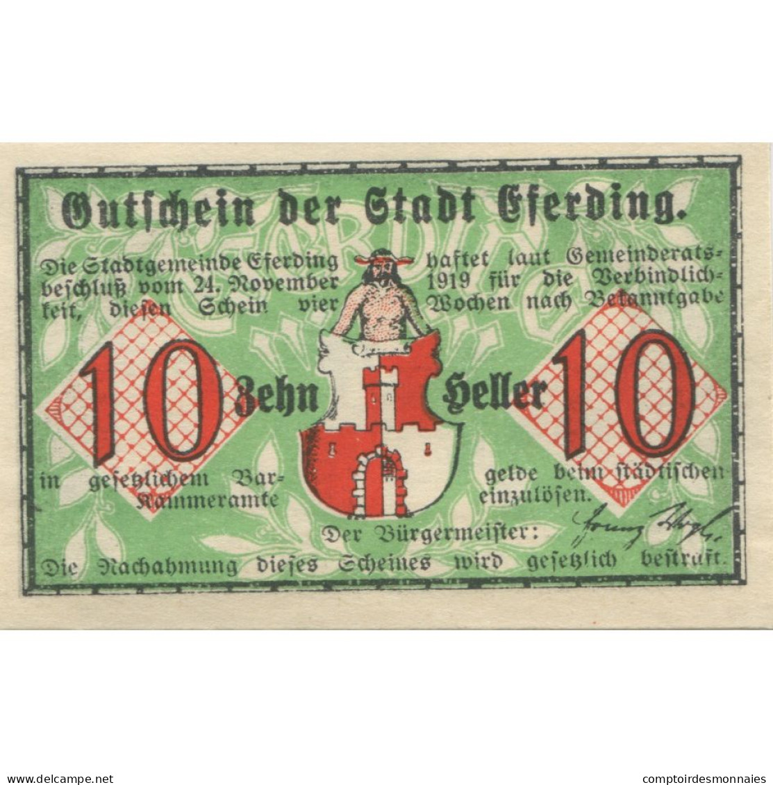 Billet, Autriche, Eferding, 10 Heller, Blason, 1920, SPL, Mehl:FS 152III - Oesterreich