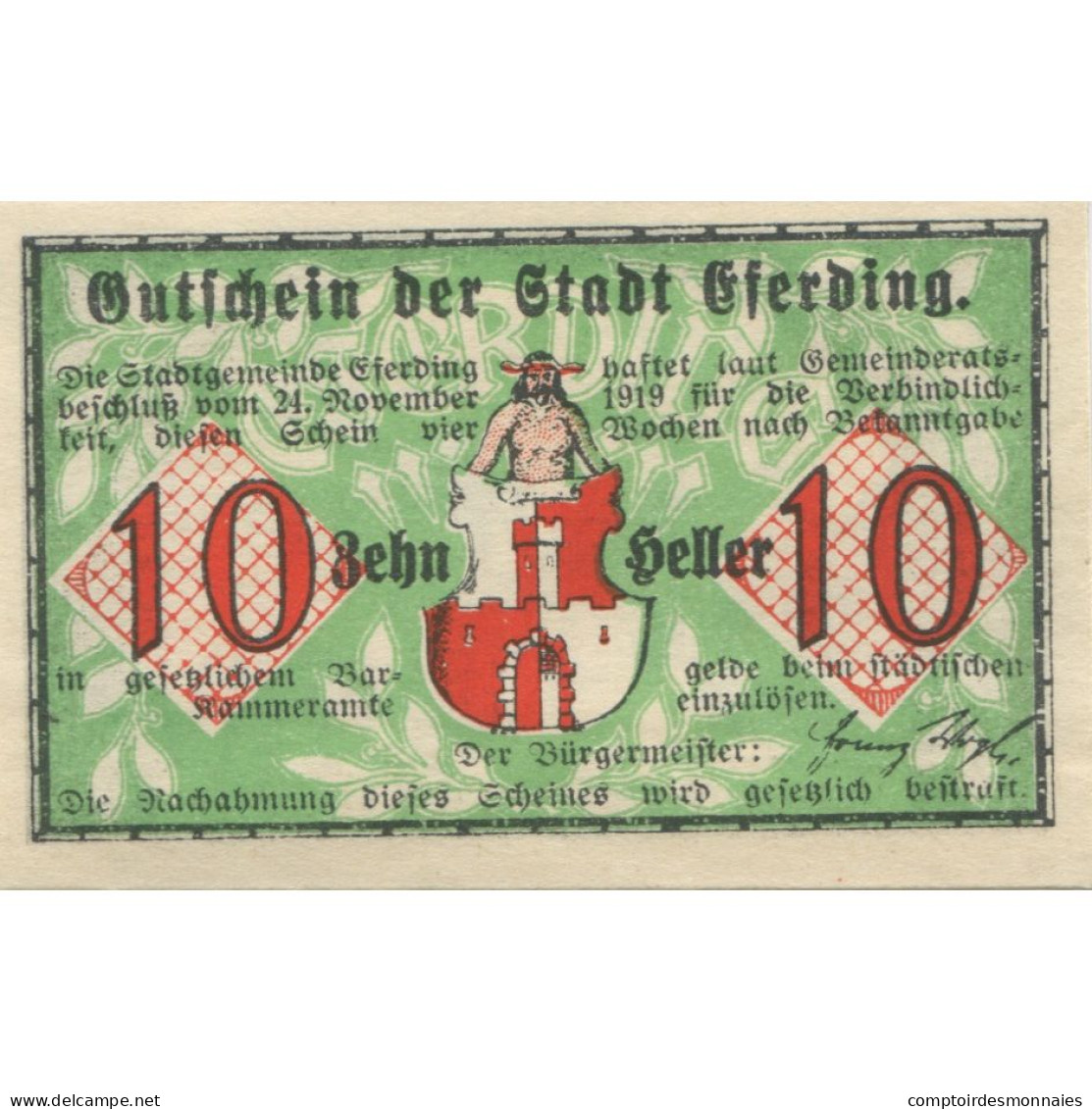 Billet, Autriche, Eferding, 10 Heller, Blason, 1920, SPL, Mehl:FS 152III - Austria