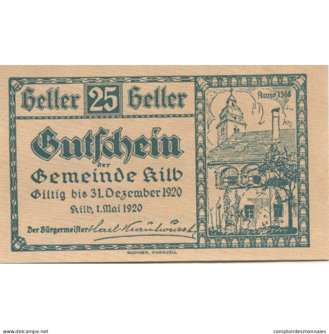 Billet, Autriche, Kilb, 25 Heller, Eglise, 1920, 1920-12-31, SPL, Mehl:FS 436IIa - Austria