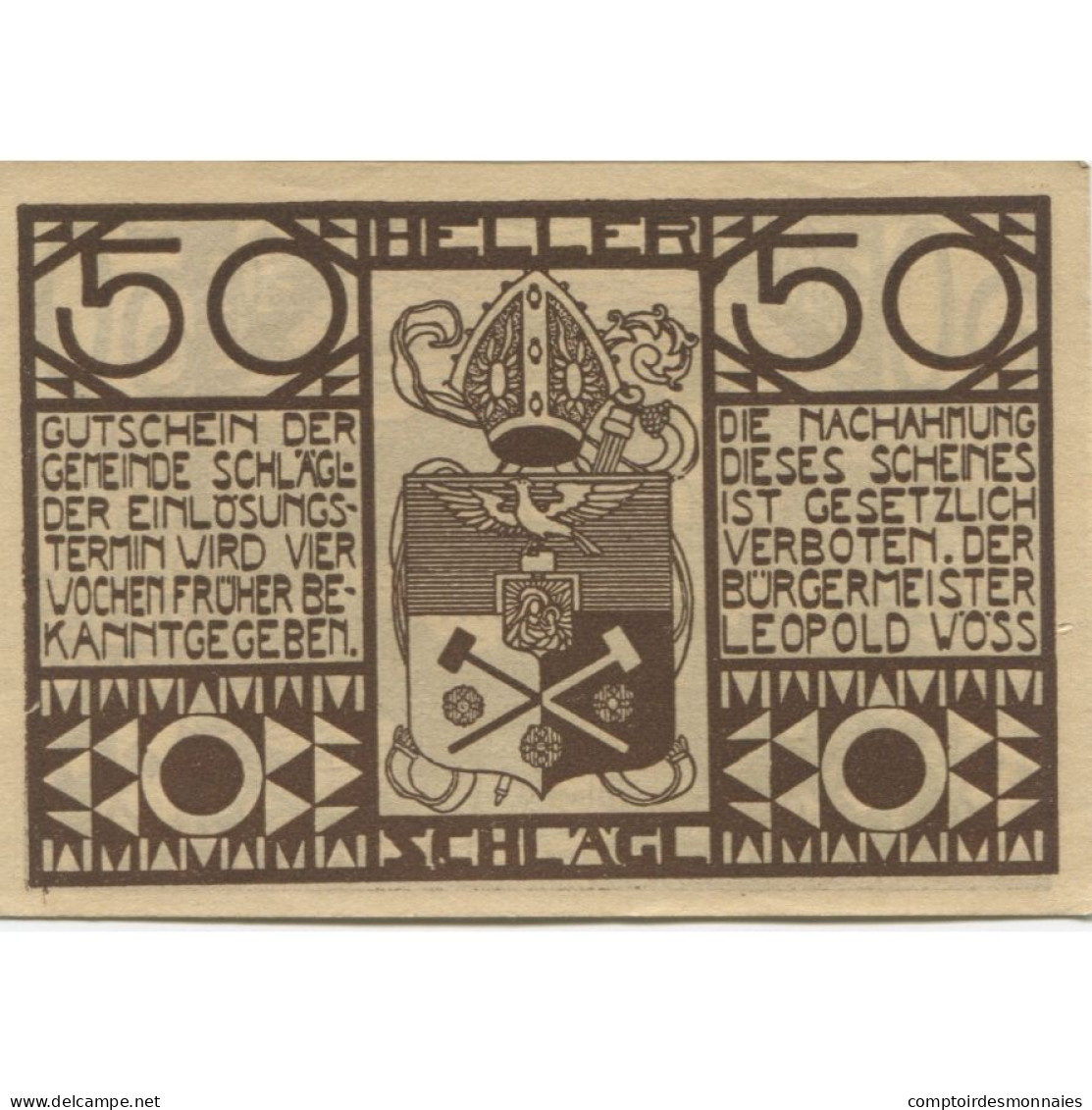 Billet, Autriche, Schlägl, 50 Heller, Blason, 1920, SPL, Mehl:FS 960a - Oesterreich