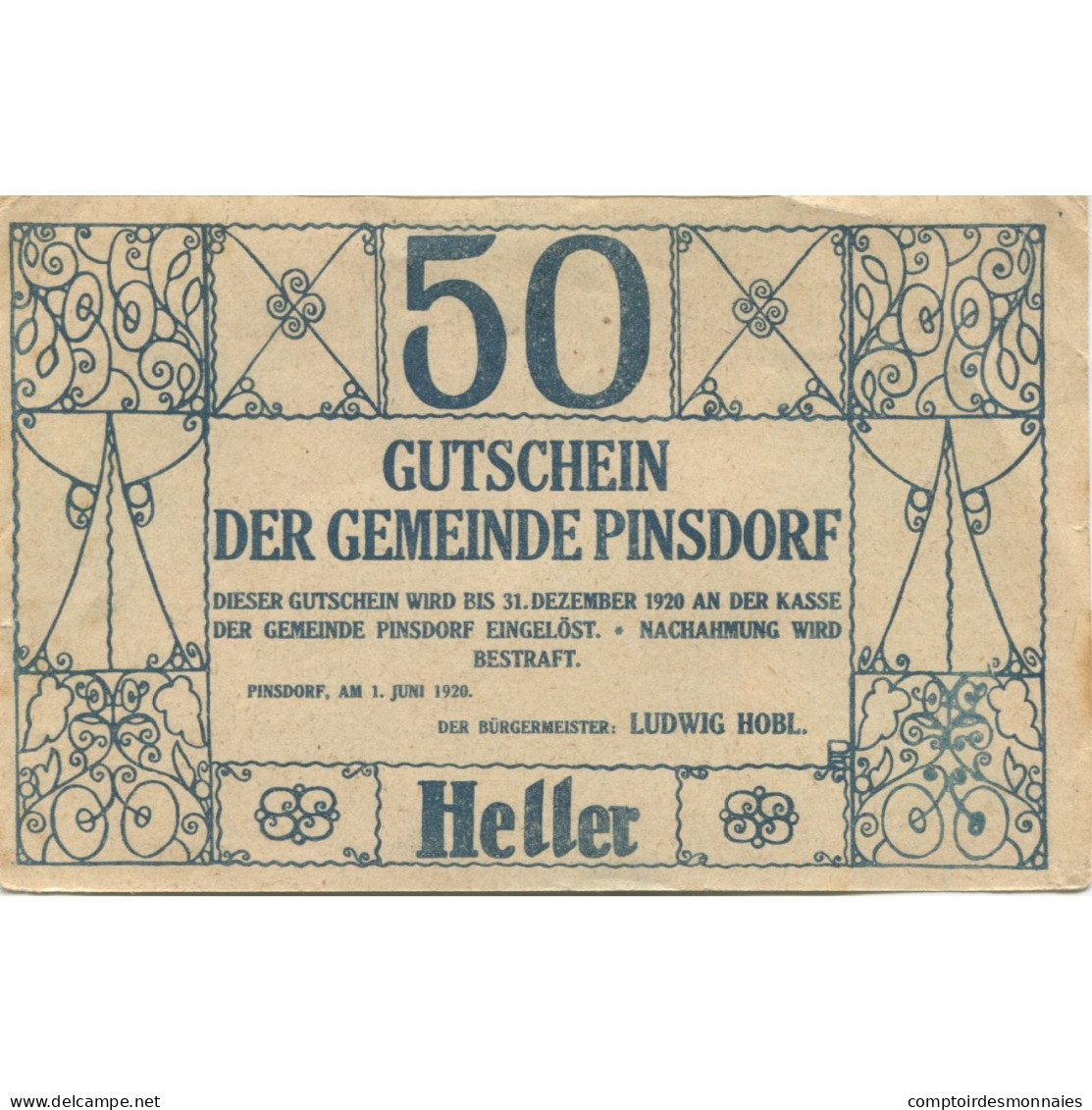 Billet, Autriche, Pinsdorf, 50 Heller, Arbre 1920-12-31, SUP+, Mehl:FS 750 - Oesterreich