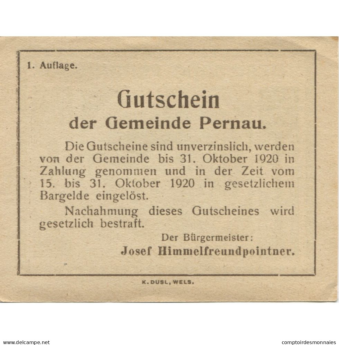 Billet, Autriche, Pernau, 50 Heller, Eglise 1920-10-31, SUP Mehl:FS 734Ia - Oesterreich
