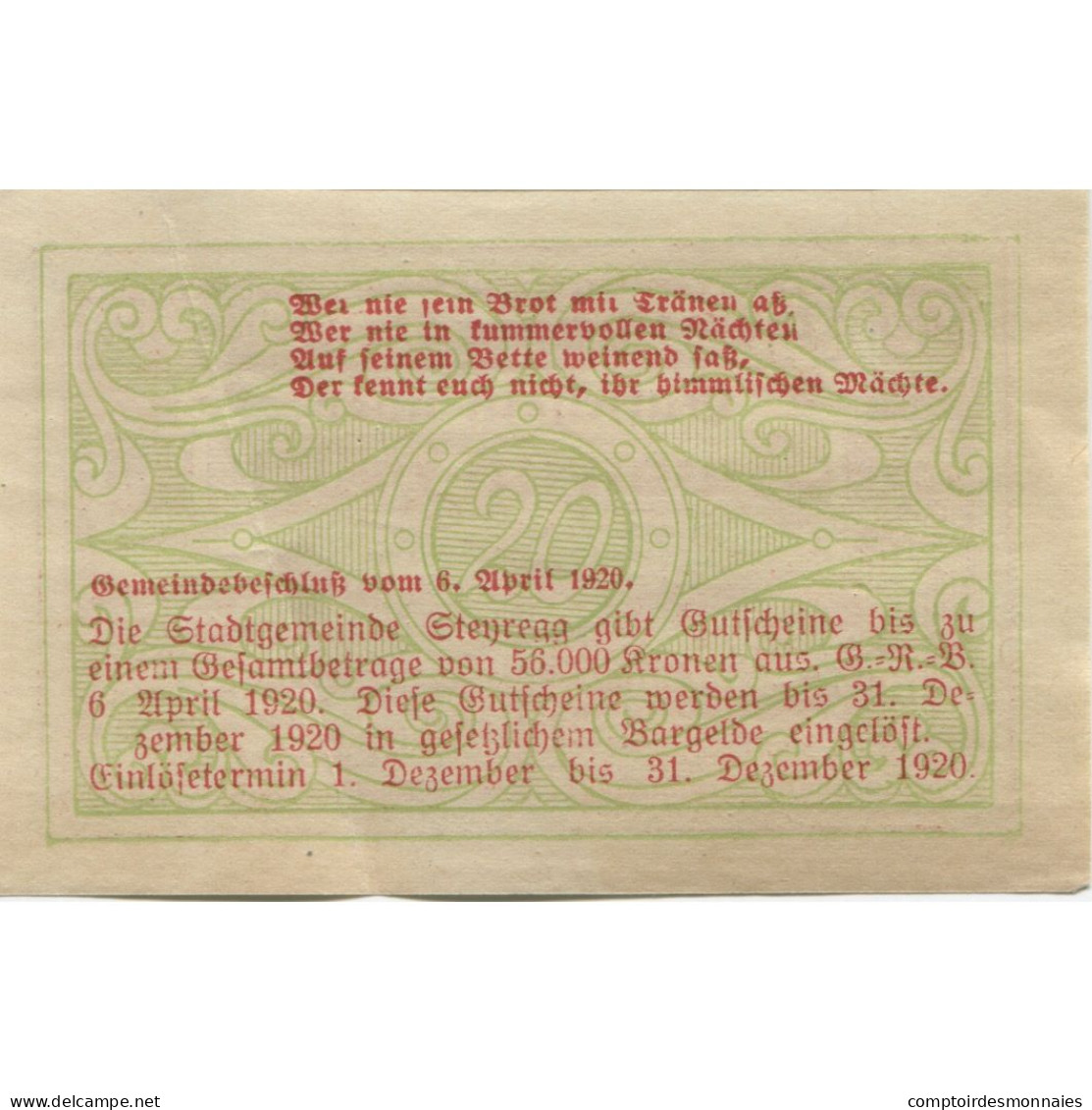 Billet, Autriche, Steyregg, 20 Heller, Village 1920-12-31, SPL Mehl:FS 1036Ia - Oesterreich