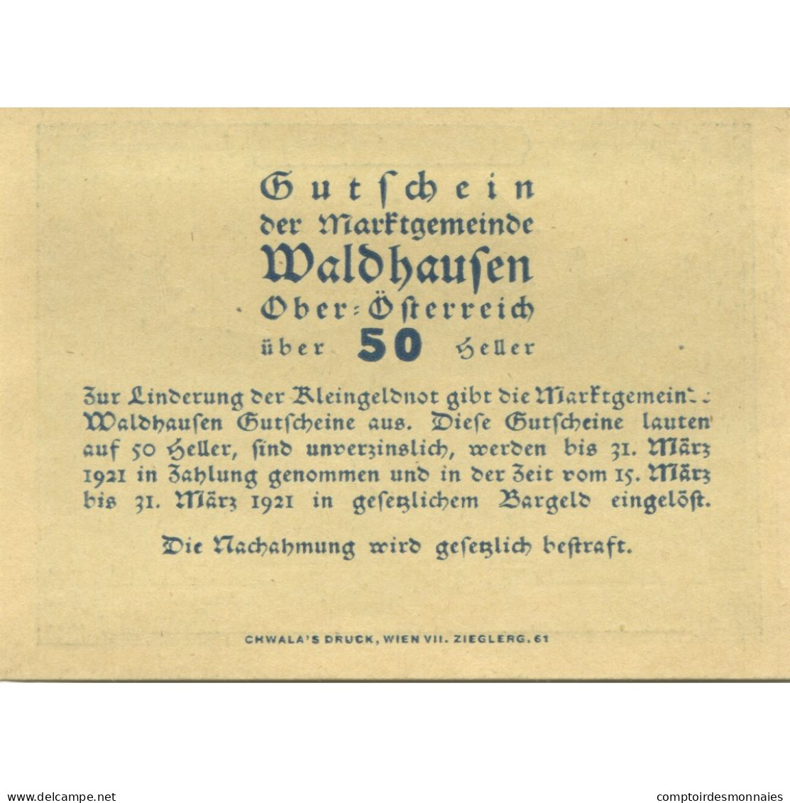 Billet, Autriche, Waldhausen, 50 Heller, Monastère 1921-03-31, SPL Mehl:FS 1131 - Oesterreich