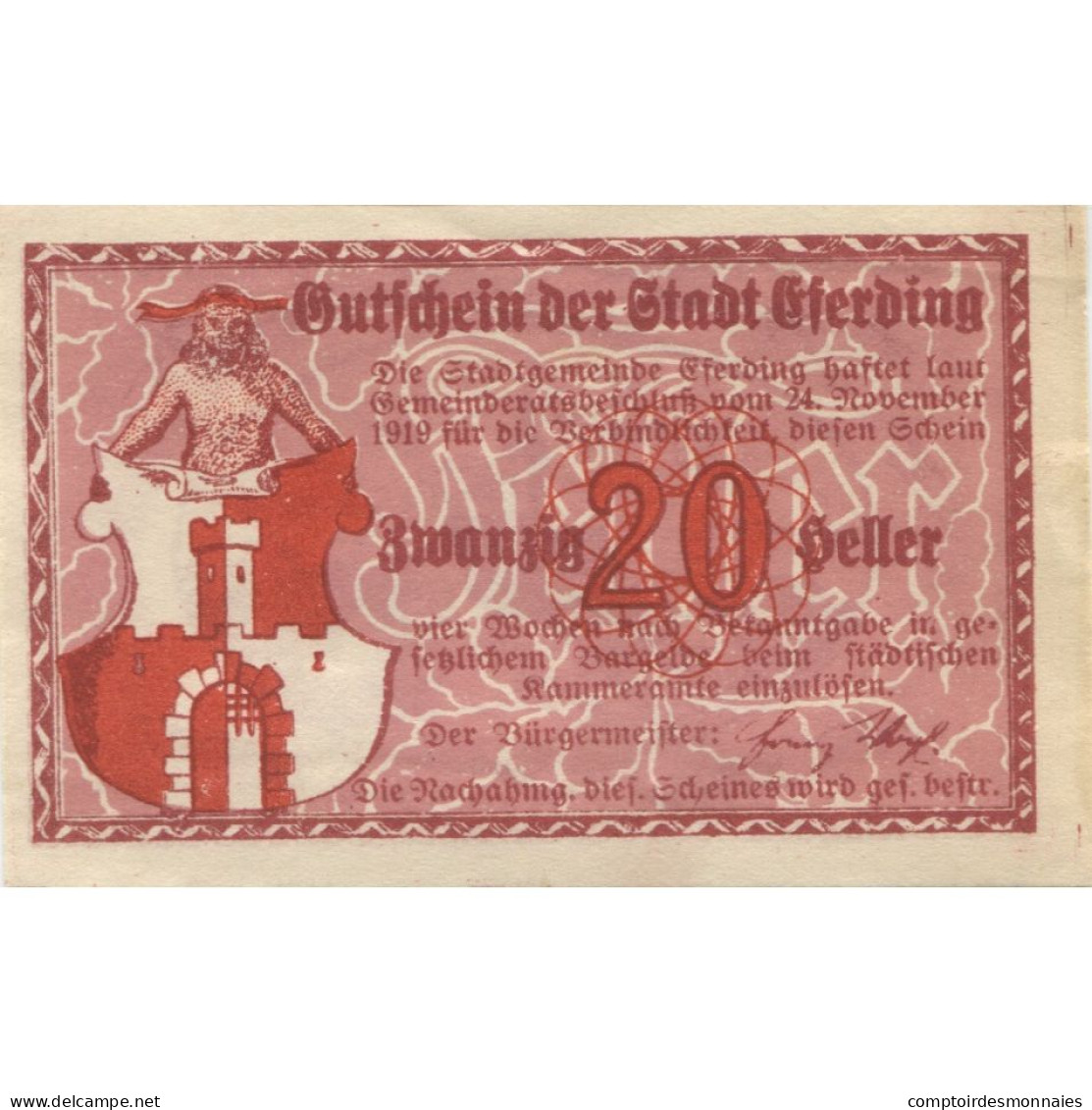 Billet, Autriche, Eferding, 20 Heller, Village, 1920, SPL, Mehl:FS 152I - Oesterreich