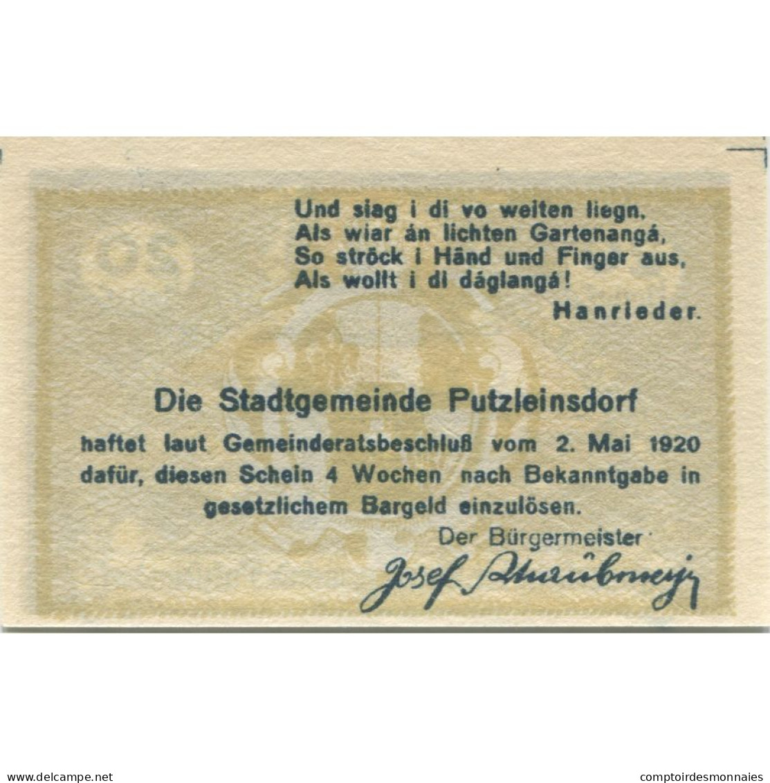Billet, Autriche, Putzleinsdorf, 20 Heller, Paysage 1920-05-02, SPL Mehl:FS 804b - Oesterreich