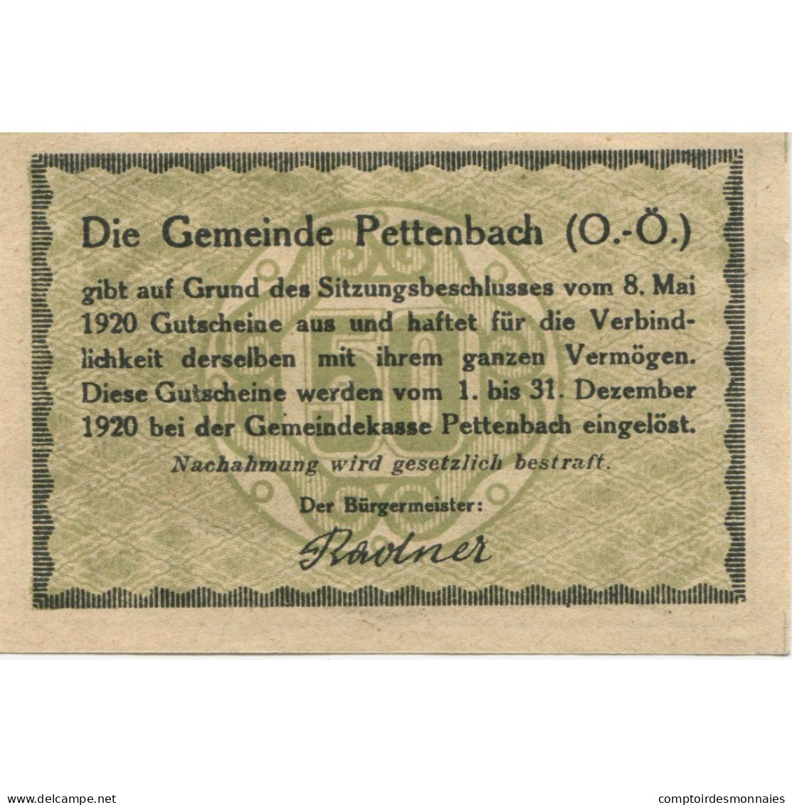 Billet, Autriche, Pettenbach, 50 Heller, Eglise 1920-12-31, SPL, Mehl:FS 738 - Oesterreich