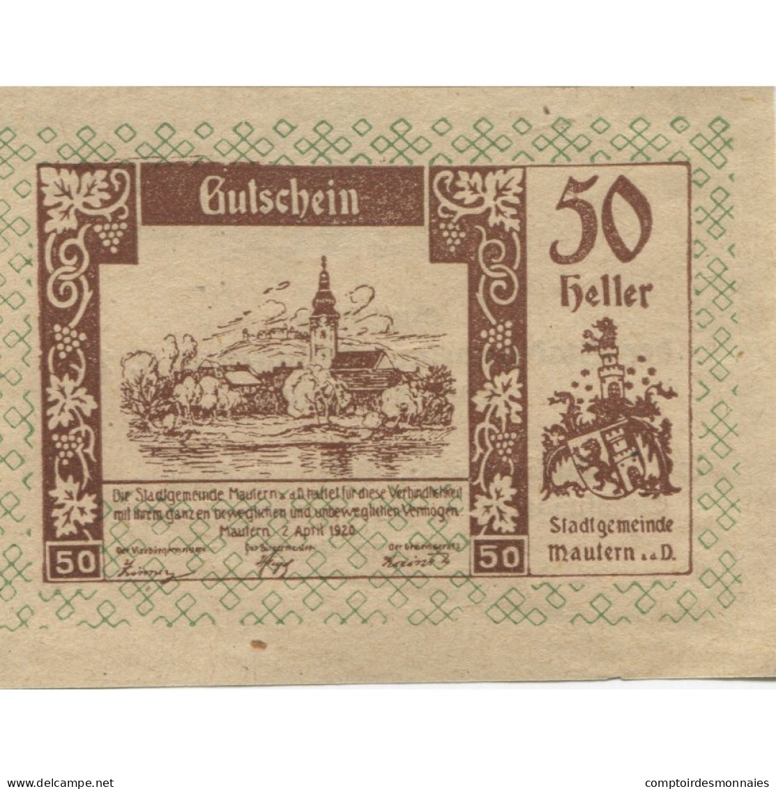 Billet, Autriche, Mautern, 50 Heller, Eglise 1920-12-31, SPL Mehl:FS 600IAb - Oesterreich