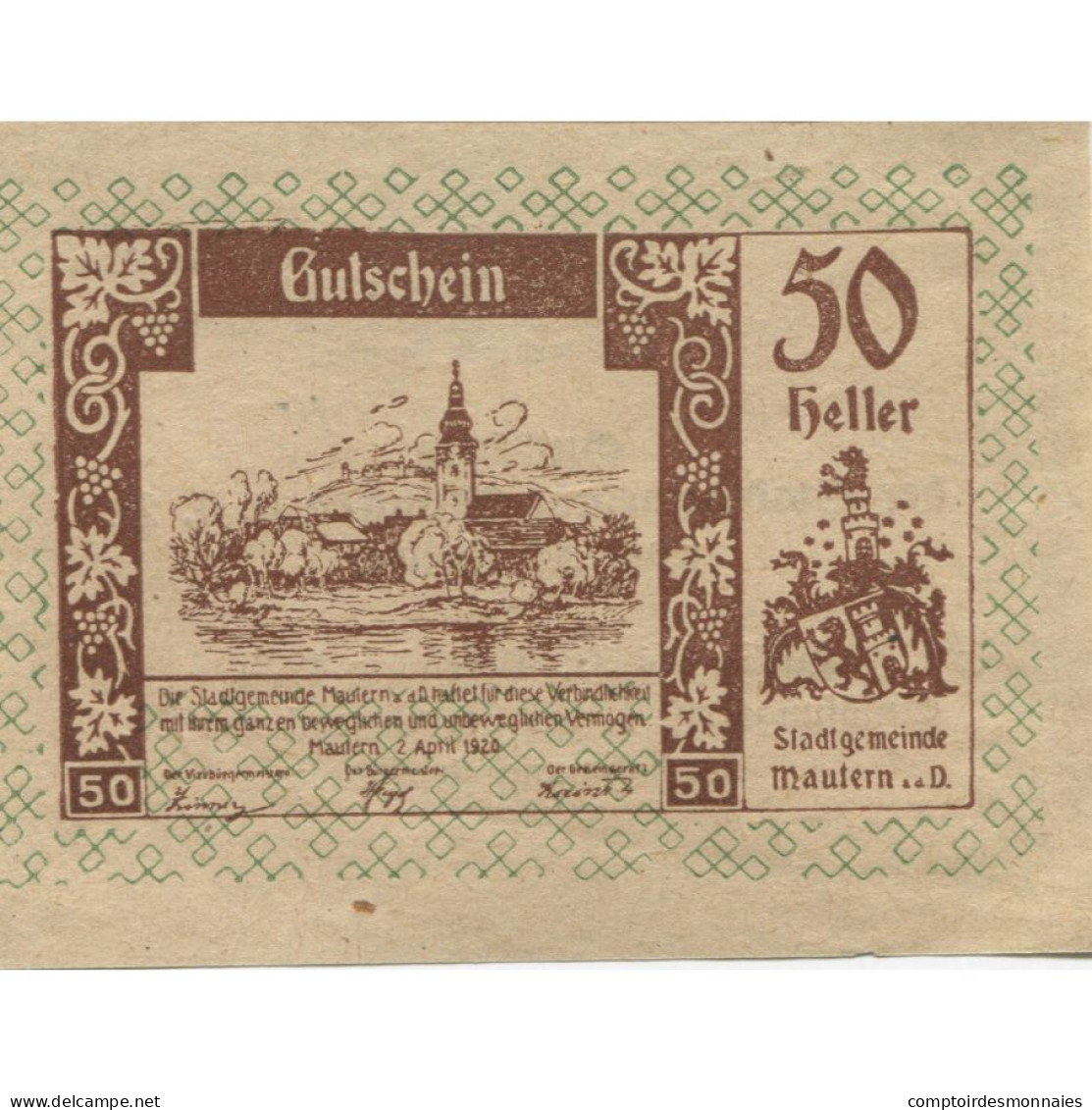 Billet, Autriche, Mautern, 50 Heller, Eglise 1920-12-31, SPL Mehl:FS 600IAb - Austria