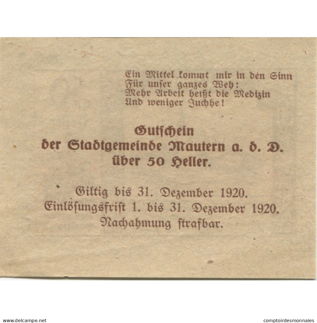 Billet, Autriche, Mautern, 50 Heller, Eglise 1920-12-31, SPL Mehl:FS 600IAb - Oesterreich