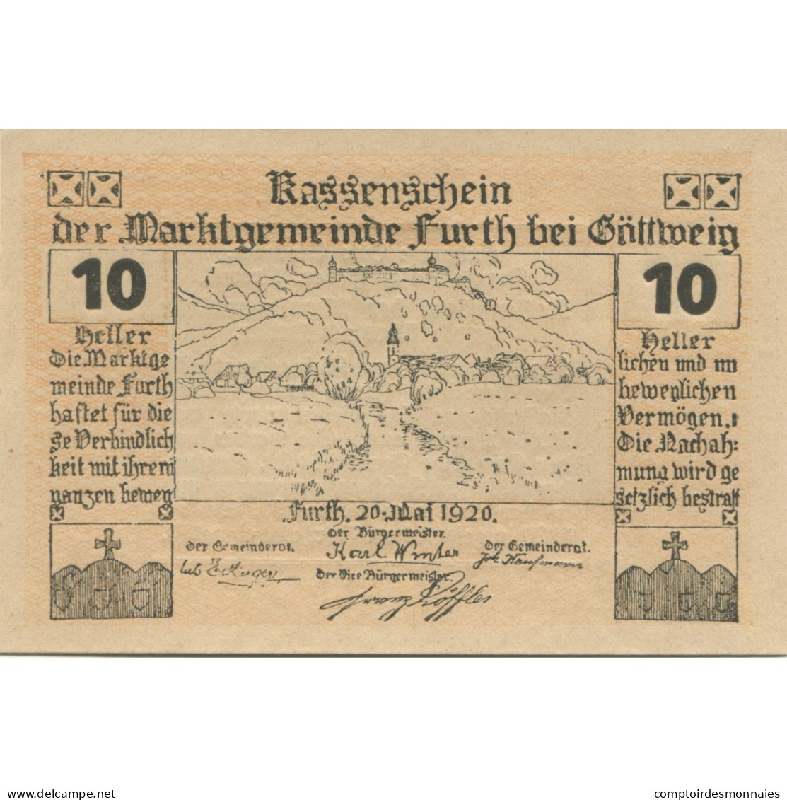 Billet, Autriche, Furth, 10 Heller, Paysage, 1920, 1920-05-20, SPL, Mehl:FS 214b - Oesterreich