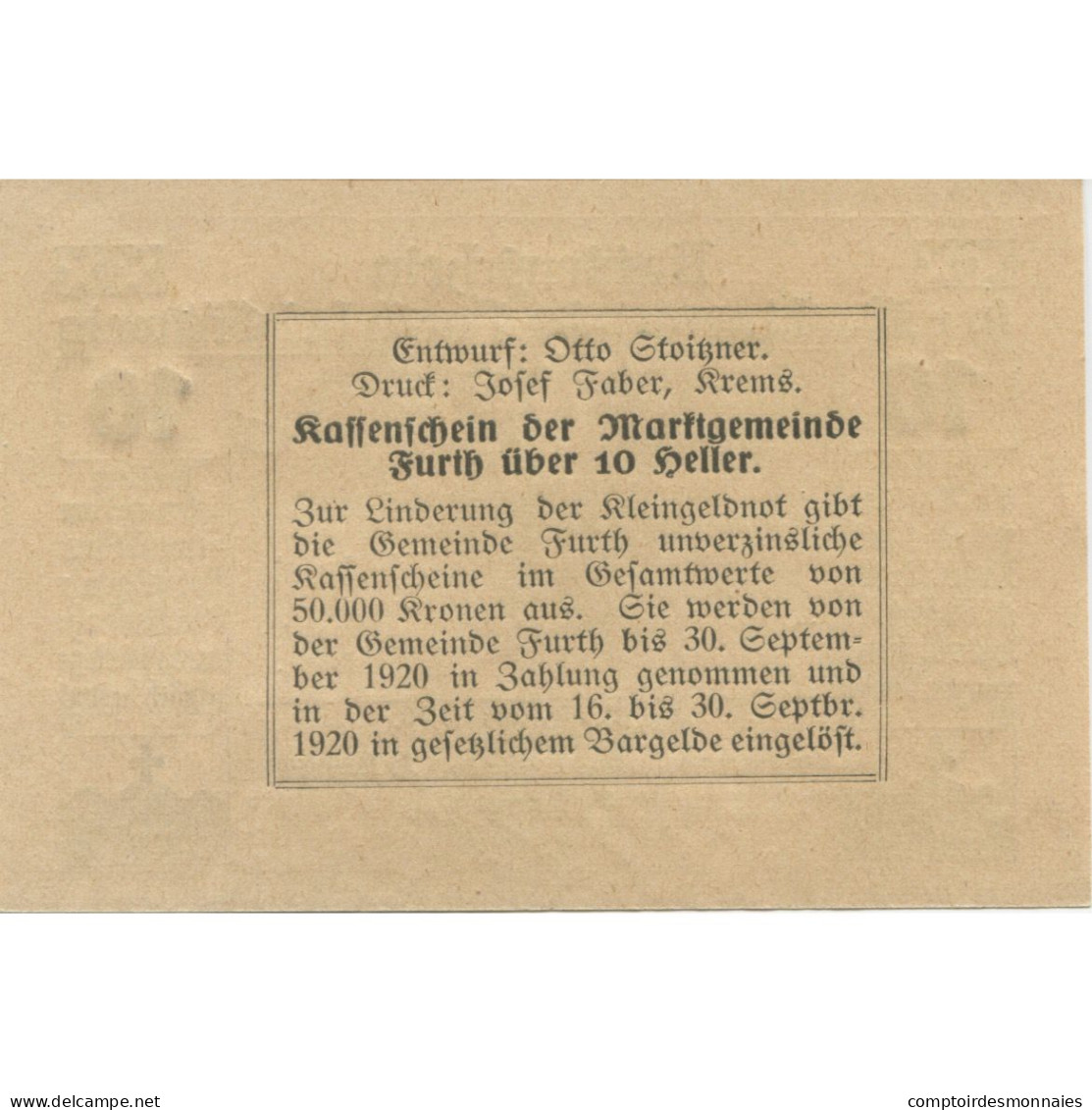 Billet, Autriche, Furth, 10 Heller, Paysage, 1920, 1920-05-20, SPL, Mehl:FS 214b - Oesterreich