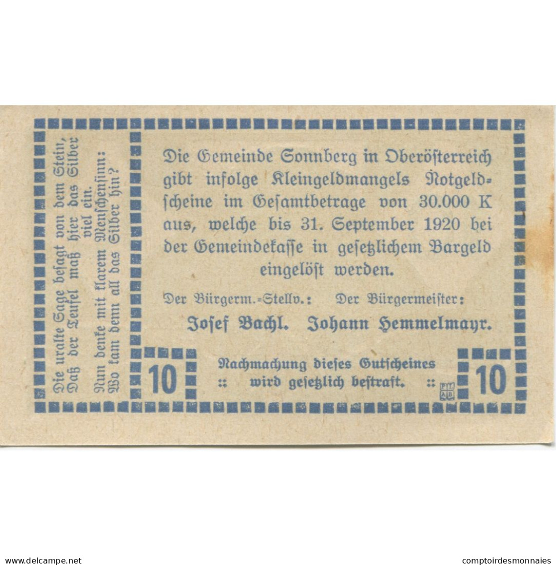 Billet, Autriche, Sonnberg, 10 Heller, Ruine 1920-09-31, SPL Mehl:FS 1003a - Oesterreich